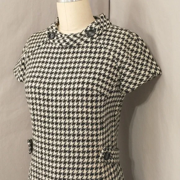 Vintage 60s Wool Dress Houndstooth Check Black & White Classy Midi SeeMeasure - Picture 2 of 16
